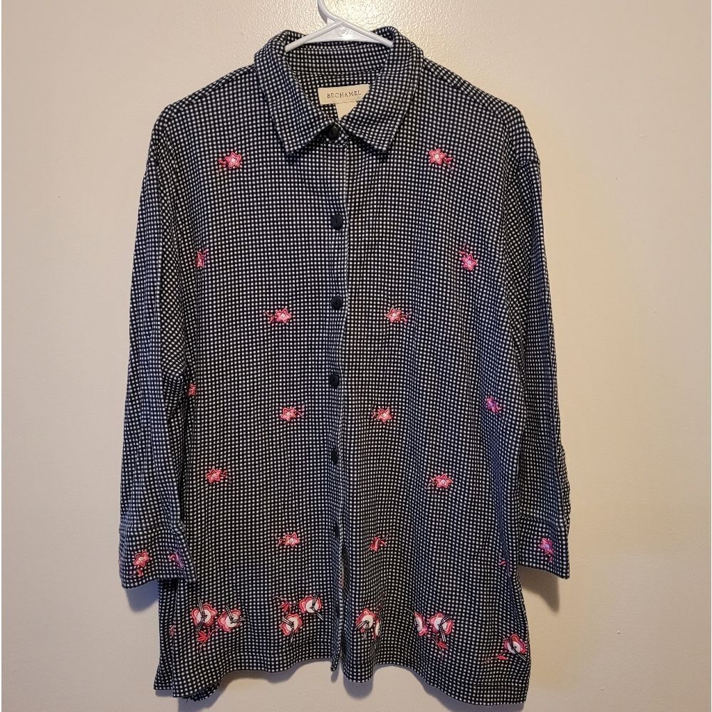 Bechamel woman's Black and White Checkered Shirt with Pink Floral Accents